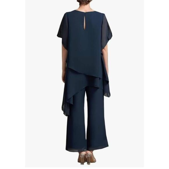 Women's 2 Pieces Pantsuits Navy Short Sleeve Chiffon Ankle Length Formal Size 12 - Picture 13 of 13